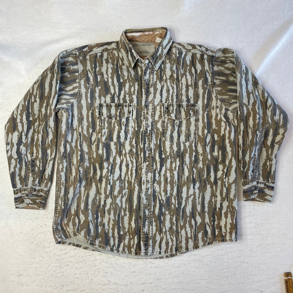Browning Camo Button Up Shirt XL Brown Tree Bark Hunting Heavyweight Flannel
